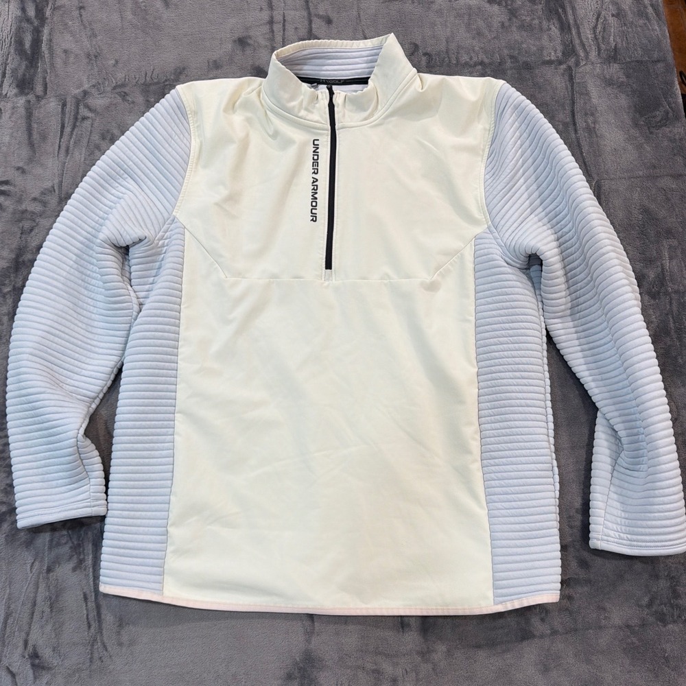 Under Armour Golf Pullover Mens Cream Blue ColdGear Hybrid Ribbed XL